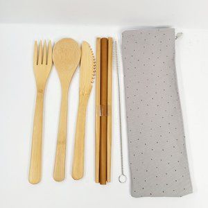 Bamboo Portable Utensils Cutlery - Grey Dot Case . 7 Pieces Included.
